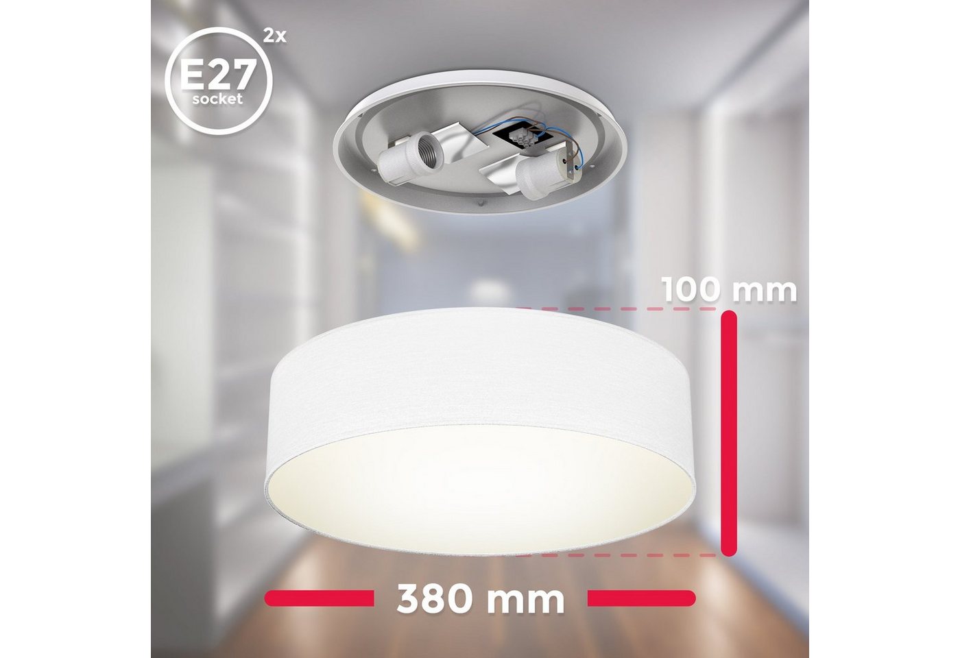 B.K.Licht LED Deckenleuchte, ohne Leuchtmittel, Warmweiß, Deckenlampe, Textil Lampenschirm, E27, Schlafzimmer, Wohnzimmer – Bild 3 von 5