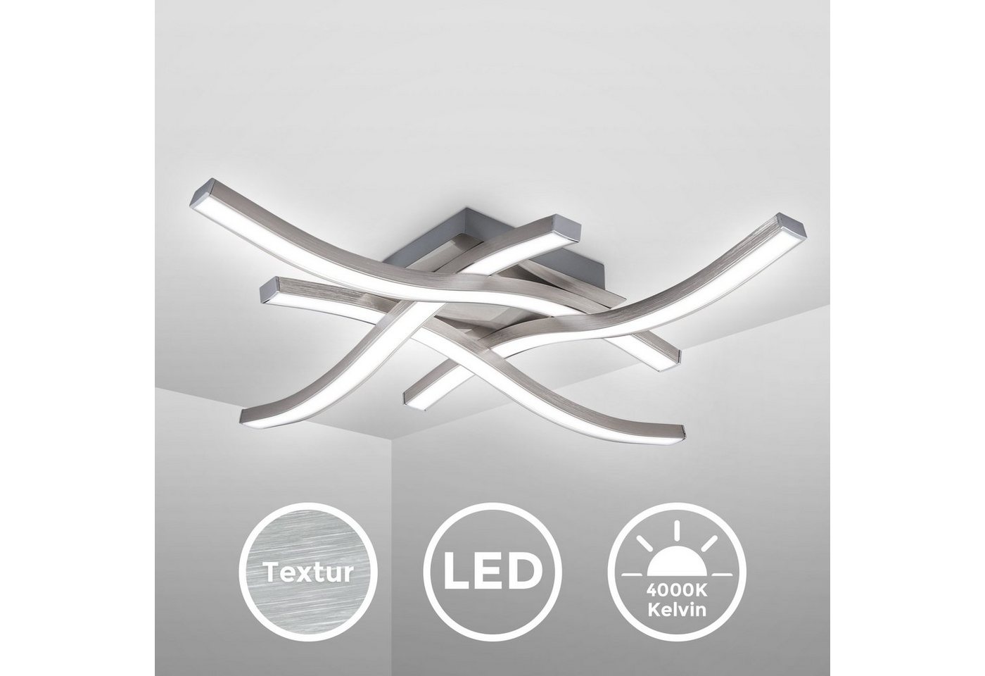 B.K.Licht LED Deckenleuchte, LED fest integriert, Neutralweiß, Deckenlampe, neutralweiß, 20 Watt 2.000 Lumen, Aluoptik, geschwungen – Bild 2 von 5