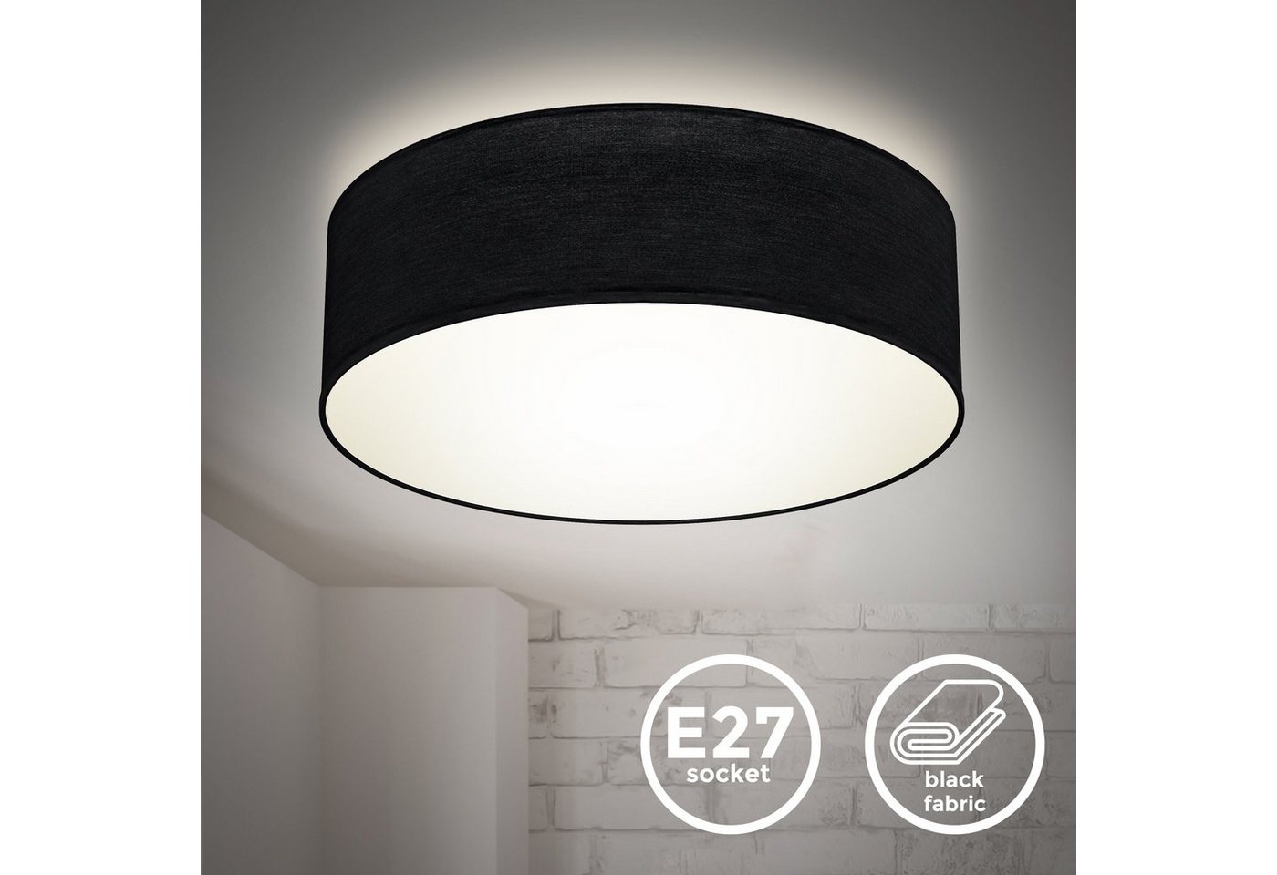B.K.Licht LED Deckenleuchte, ohne Leuchtmittel, Deckenlampe, Textil Lampenschirm, schwarz, Schlafzimmer, Wohnzimmer – Bild 2 von 5