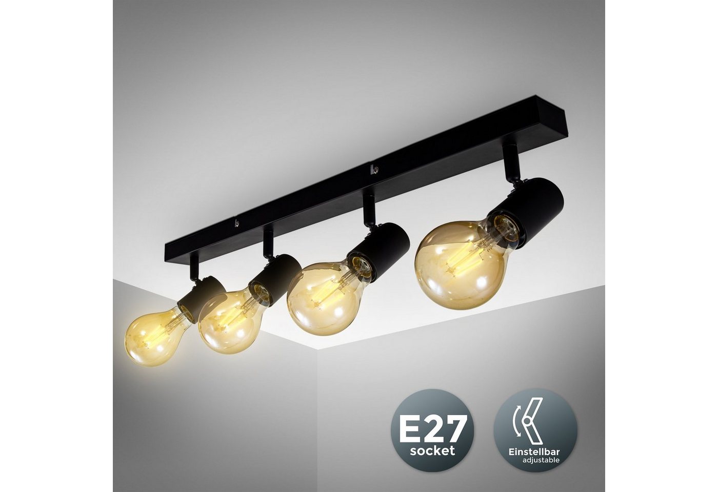 B.K.Licht LED Deckenspots, ohne Leuchtmittel, LED Vintage Deckenlampe Retro Deckenleuchte schwarz Industrie E27 – Bild 2 von 5