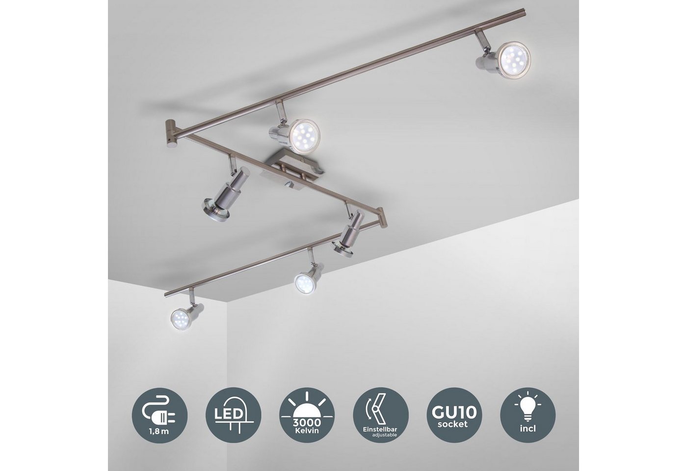 B.K.Licht LED Deckenspots, LED wechselbar, Warmweiß, Deckenleuchte, schwenkbar, drehbar, chromfarbene Spots inkl. 5W 400lm – Bild 2 von 5