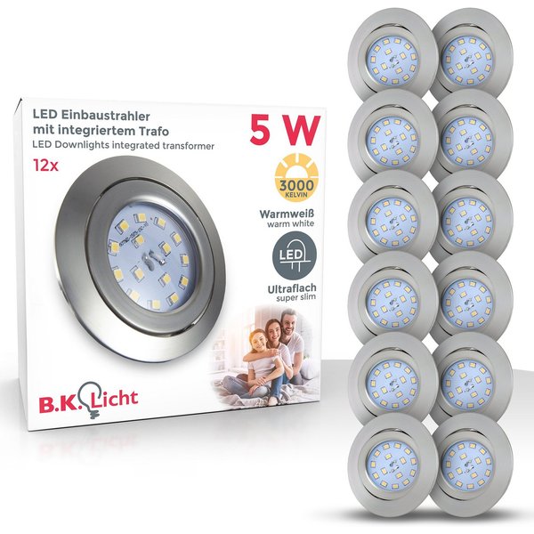 B.K.Licht LED Einbauleuchte 12er Set Einbaustrahler, Schwenkbare Deckenspots, flache Spots, LED fest integriert, Warmweiß, 3.000K, 400Lm, 4,8W, Kunststoff, 8,2 