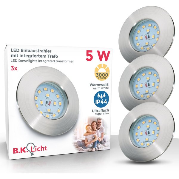B.K.Licht LED Einbauleuchte 3er Set Bad Einbaustrahler, IP44 geschützt, LED Einbauspots, flach, LED fest integriert, Warmweiß, 3.000K, 400Lm, 4,8W, Kunststoff, 