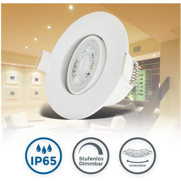 B.K.Licht LED Einbauleuchte 5er Set Bad Einbaustrahler, IP65, Dimmbare Deckenspots, Dimmfunktion, LED fest integriert, Warmweiß, 3.000K, 480Lm, 4,9W, Kunststoff