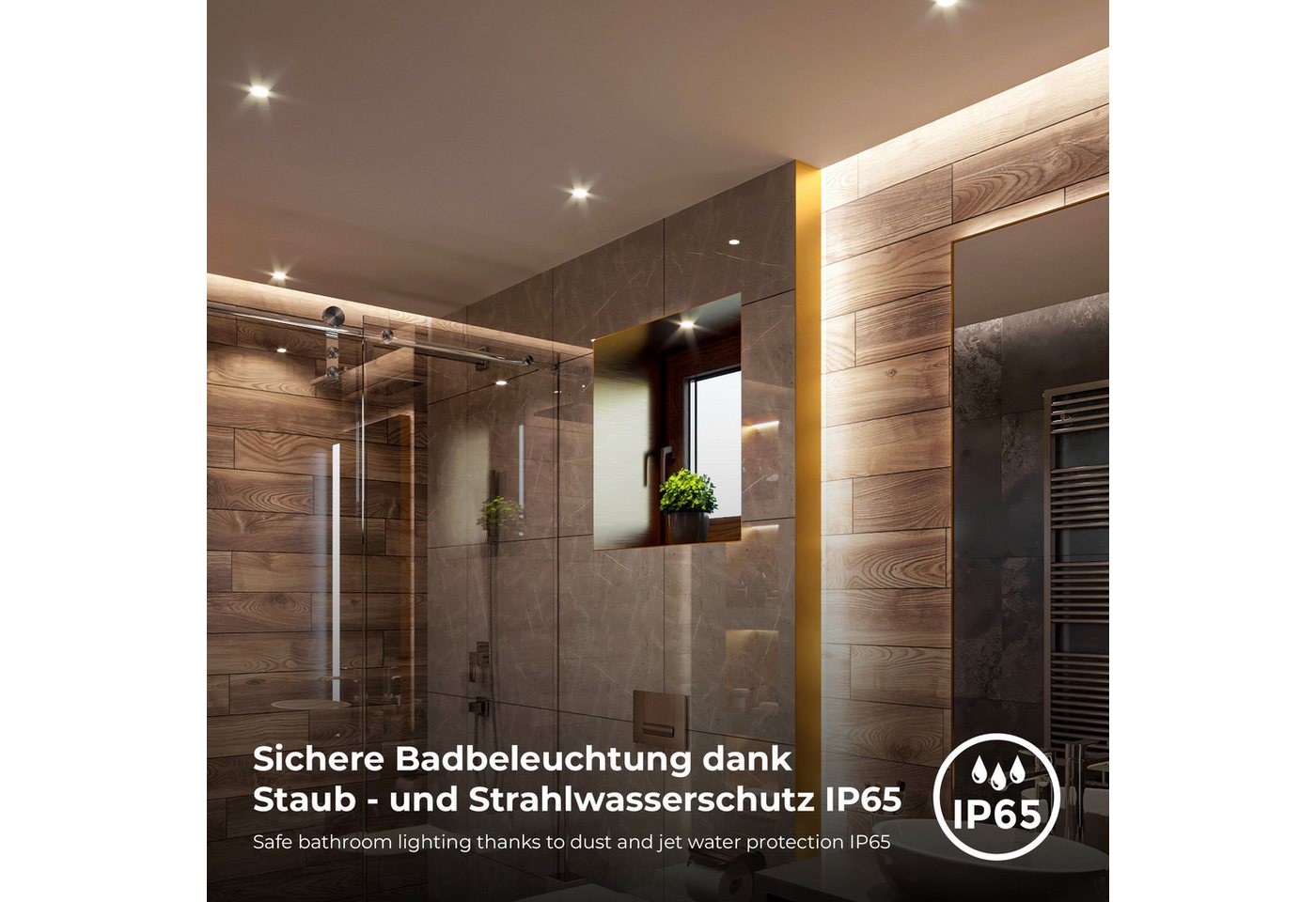 B.K.Licht LED Einbauleuchte 5er Set Bad Einbaustrahler, IP65, Dimmbare Deckenspots, Dimmfunktion, LED fest integriert, Warmweiß, 3.000K, 480Lm, 4,9W, Kunststoff – Bild 5 von 5