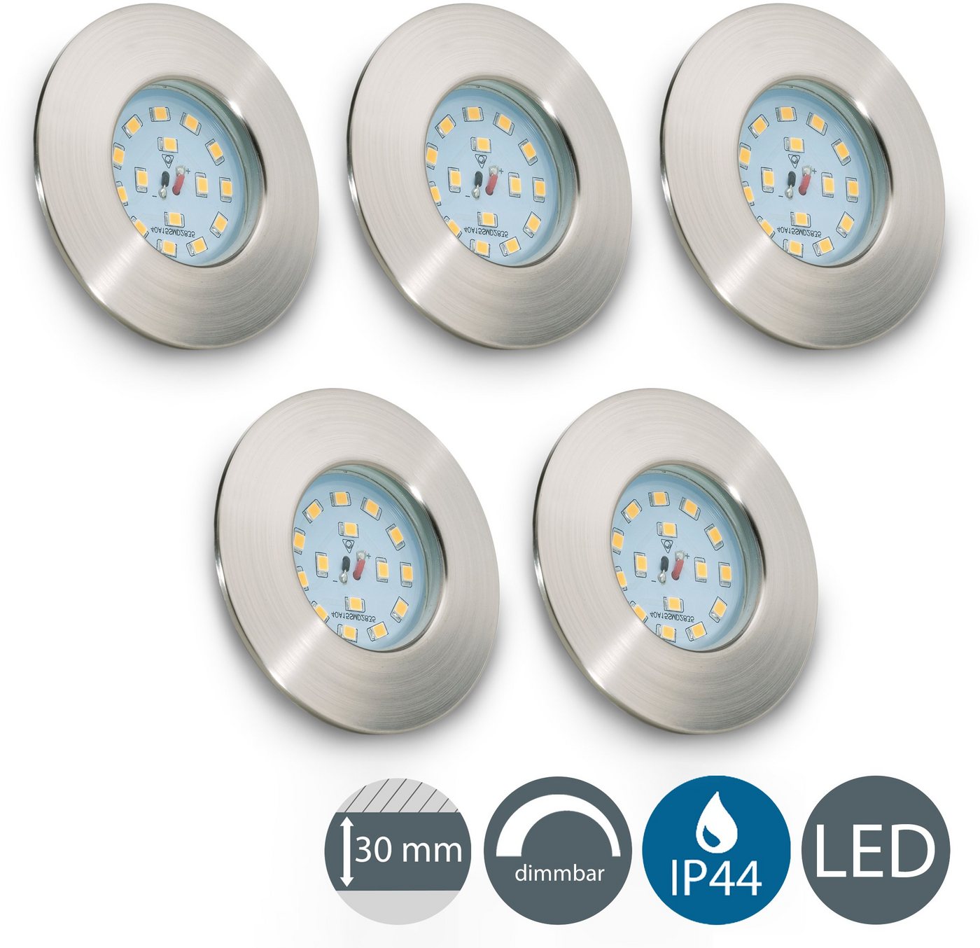 B.K.Licht LED Einbauleuchte 5er Set Bad Einbaustrahler, IP44 geschützt, LED Einbauspots, flach, Dimmfunktion, LED fest integriert, Warmweiß, 3.000K, 470Lm, 5,5W – Bild 2 von 5