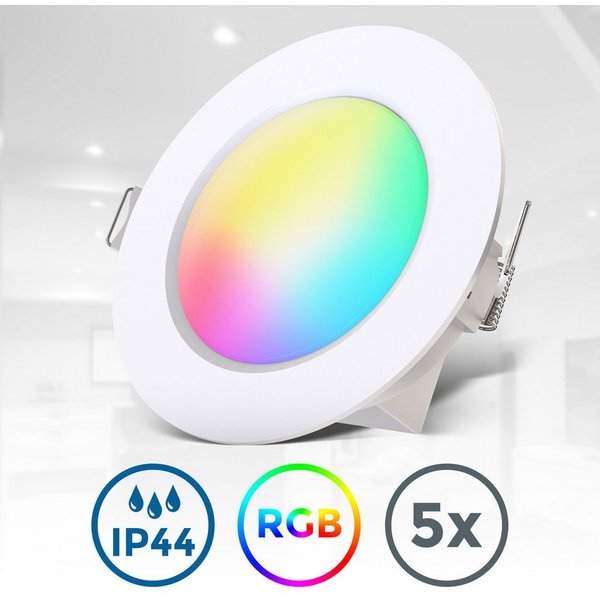 B.K.Licht LED Einbauleuchte 5er Set Bad Einbaustrahler, IP44, RGB Einbauspots, mit Fernbedienung, Dimmfunktion, RGB, LED fest integriert, Warmweiß, Buntes RGB L