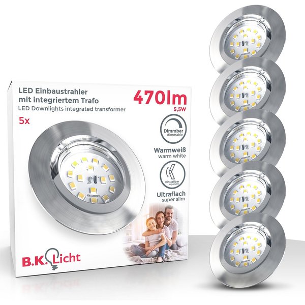 B.K.Licht LED Einbauleuchte 5er Set Einbaustrahler, Dimmbare Deckenstrahler, flache Spots, Dimmfunktion, LED fest integriert, Warmweiß, 3.000K, 470Lm, 5,5W, Kun