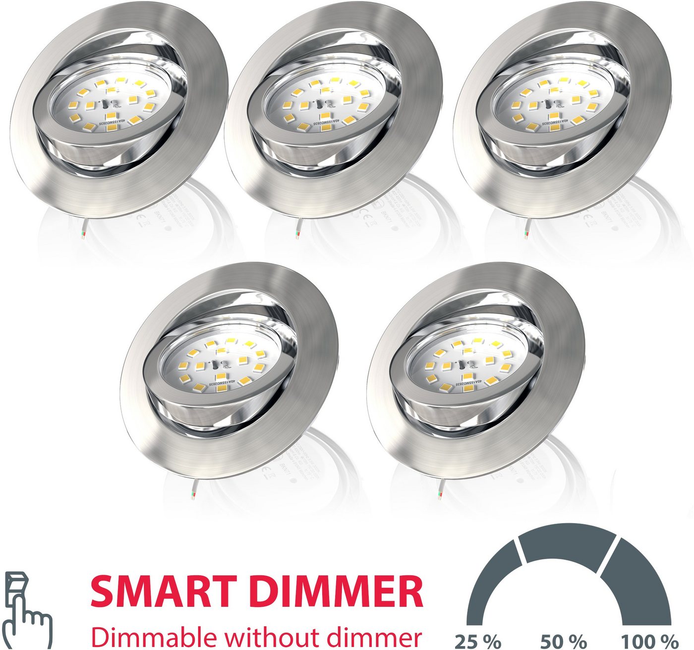 B.K.Licht LED Einbauleuchte 5er Set Einbaustrahler, Dimmbare Deckenstrahler, flache Spots, Dimmfunktion, LED fest integriert, Warmweiß, 3.000K, 470Lm, 5,5W, Kun – Bild 2 von 5