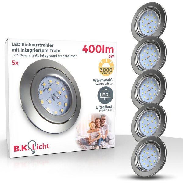 B.K.Licht LED Einbauleuchte 5er Set Einbaustrahler, Schwenkbare Deckenstrahler, flache Spots, LED fest integriert, Warmweiß, 3.000K, 400Lm, 4,8W, Kunststoff, 8,