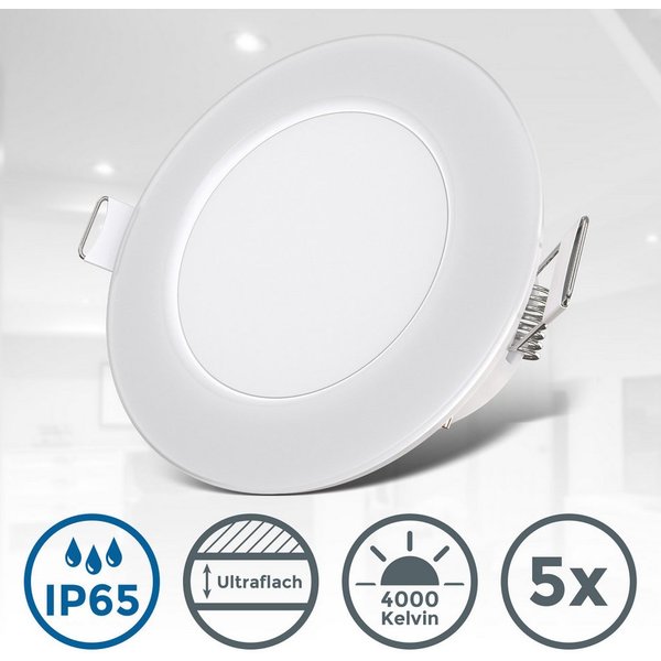 B.K.Licht LED Einbauleuchte 5er Set LED Bad Einbaustrahler, IP65 geschützt, flache LED Einbauspots, LED fest integriert, Neutralweiß, 4.000K, 350Lm, 3W, Kunstst
