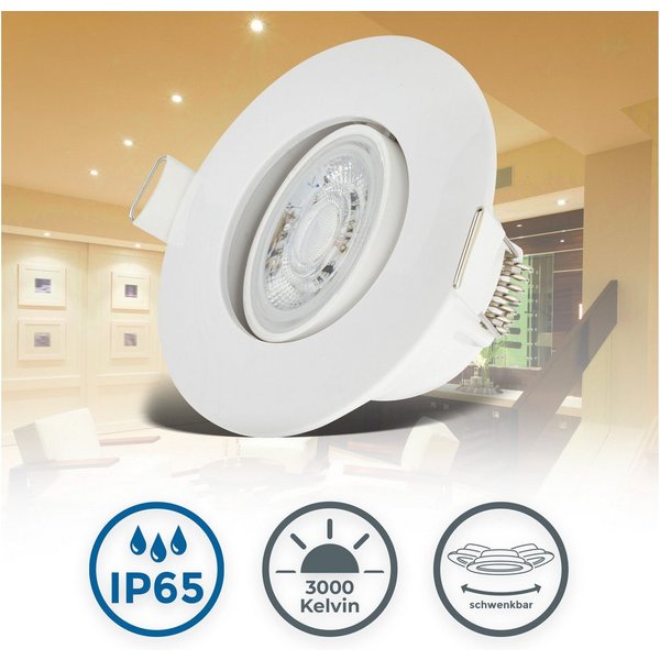 B.K.Licht LED Einbauleuchte 6er Set Bad Einbaustrahler, IP65, Schwenkbare Deckenspots, LED fest integriert, Warmweiß, 3.000K, 480Lm, 4,9W, Kunststoff, 9 x 4,2 c