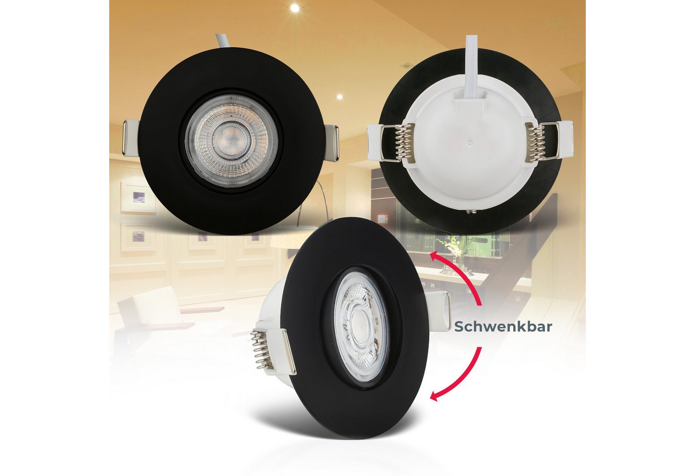 B.K.Licht LED Einbauleuchte 6er Set Bad Einbaustrahler, IP65, Schwenkbare Deckenspots, LED fest integriert, Warmweiß, 3.000K, 480Lm, 4,9W, Kunststoff, 9 x 4,2 c – Bild 3 von 5
