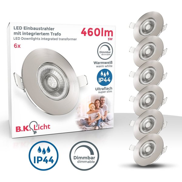 B.K.Licht LED Einbauleuchte 6er Set Bad Einbaustrahler, Dimmbar, IP44, LED Einbauspots, Dimmfunktion, LED fest integriert, Warmweiß, 3.000K, 480Lm, 4,9W, Kunsts