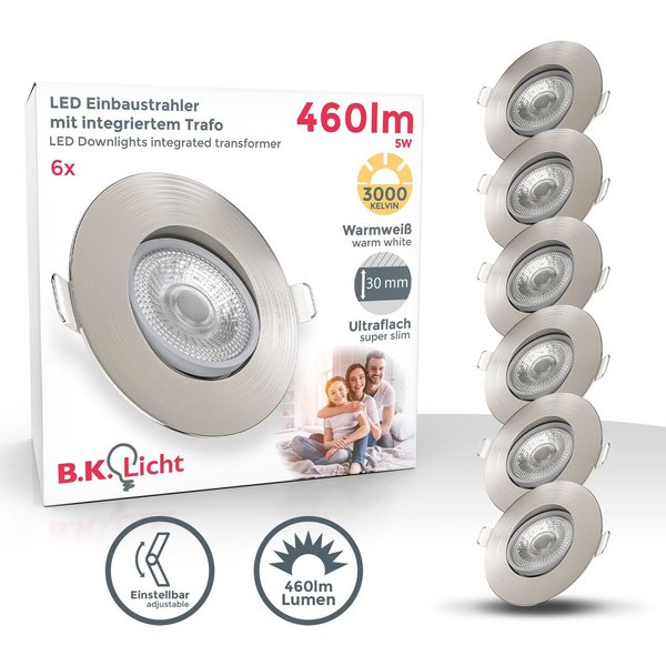 B.K.Licht LED Einbauleuchte 6er Set Einbaustrahler, Schwenkbar, Deckenspots, flache Spots, LED fest integriert, Warmweiß, 3.000K, 460Lm, 5W, Kunststoff, 9 x 2,4