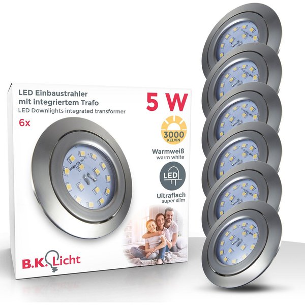 B.K.Licht LED Einbauleuchte 6er Set Einbaustrahler, Schwenkbare Deckenspots, flache Spots, LED fest integriert, Warmweiß, 3.000K, 400Lm, 4,8W, Kunststoff, 8,2 x