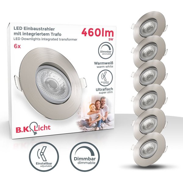 B.K.Licht LED Einbauleuchte 6er Set Einbaustrahler, Dimmbar, Schwenkbar, LED Einbauspots, Dimmfunktion, LED fest integriert, Warmweiß, 3.000K, 480Lm, 4,9W, Kuns
