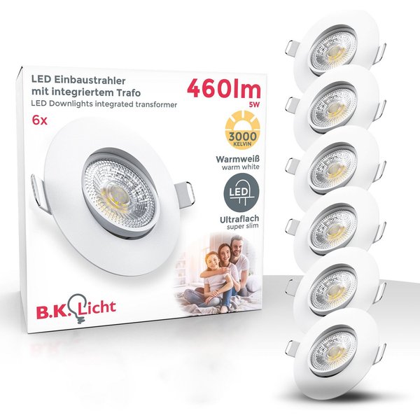 B.K.Licht LED Einbauleuchte 6er Set Einbaustrahler, Schwenkbare Spots, flache Deckenstrahler, LED fest integriert, Warmweiß, 3.000K, 480Lm, 4,9W, Kunststoff, 9 