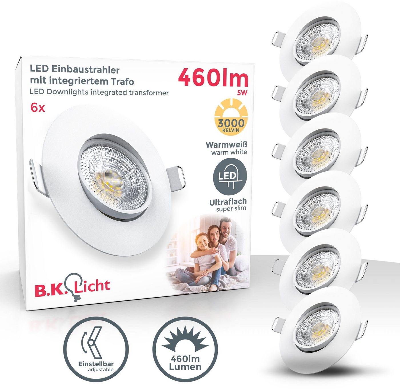 B.K.Licht LED Einbauleuchte 6er Set Einbaustrahler, Schwenkbare Spots, flache Deckenstrahler, LED fest integriert, Warmweiß, 3.000K, 480Lm, 4,9W, Kunststoff, 9  – Bild 2 von 5