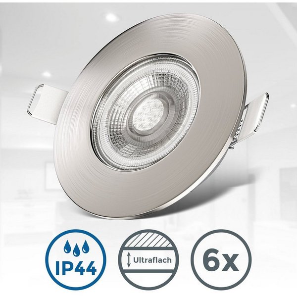 B.K.Licht LED Einbauleuchte BK_EL1278 6er Set Bad Einbaustrahler, IP44 geschützt, flache Spots, LED fest integriert, Warmweiß, 3.000K, 480Lm, 4,9W, Kunststoff, 