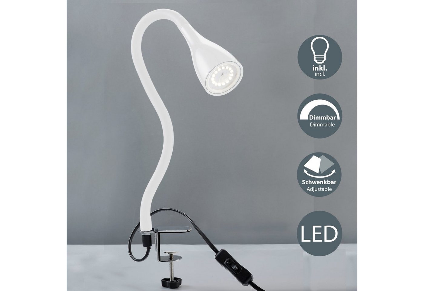 B.K.Licht LED Klemmleuchte Sirius, Dimmfunktion, mehrere Helligkeitsstufen, Leuchtmittel wechselbar, Warmweiß, LED Tischleuchte dimmbar Schreibtisch Büroleuchte – Bild 2 von 5