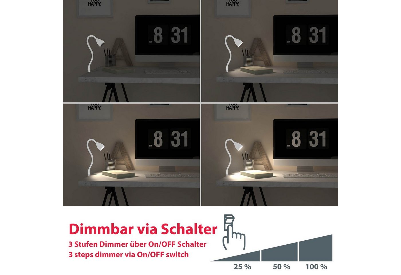 B.K.Licht LED Klemmleuchte Sirius, Dimmfunktion, mehrere Helligkeitsstufen, Leuchtmittel wechselbar, Warmweiß, LED Tischleuchte dimmbar Schreibtisch Büroleuchte – Bild 5 von 5