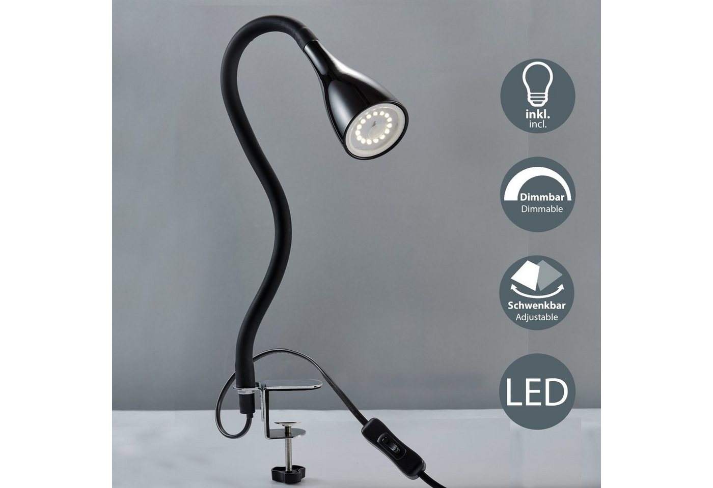 B.K.Licht LED Klemmleuchte Sirius, Dimmfunktion, mehrere Helligkeitsstufen, Leuchtmittel wechselbar, Warmweiß, 3-stufig, dimmbar, flexibler Schwanenhals mit Sil – Bild 2 von 5