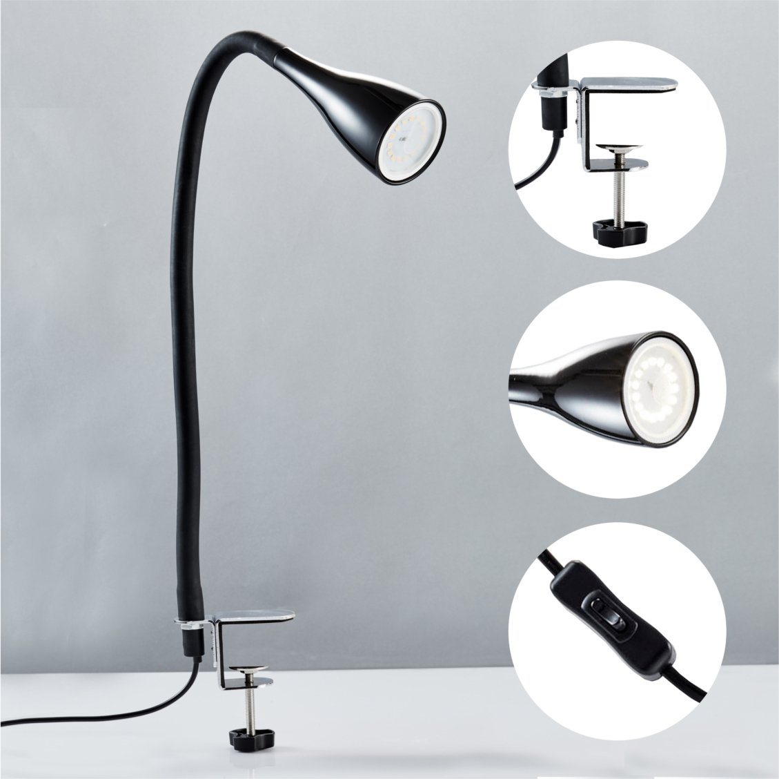 B.K.Licht LED Klemmleuchte Sirius, Dimmfunktion, mehrere Helligkeitsstufen, Leuchtmittel wechselbar, Warmweiß, 3-stufig, dimmbar, flexibler Schwanenhals mit Sil – Bild 3 von 5