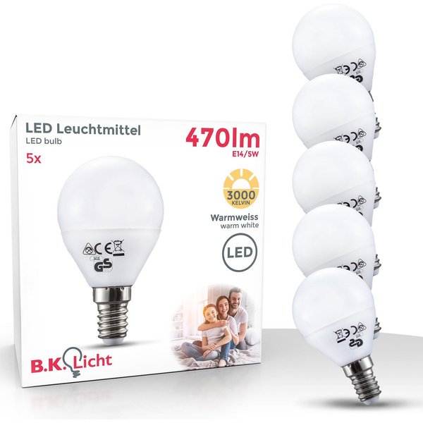 B.K.Licht LED-Leuchtmittel, E14, 5 St., Warmweiß, LED-Lampe Glühbirne 5 Watt 470 Lumen 3.000 Kelvin Energiesparlampe