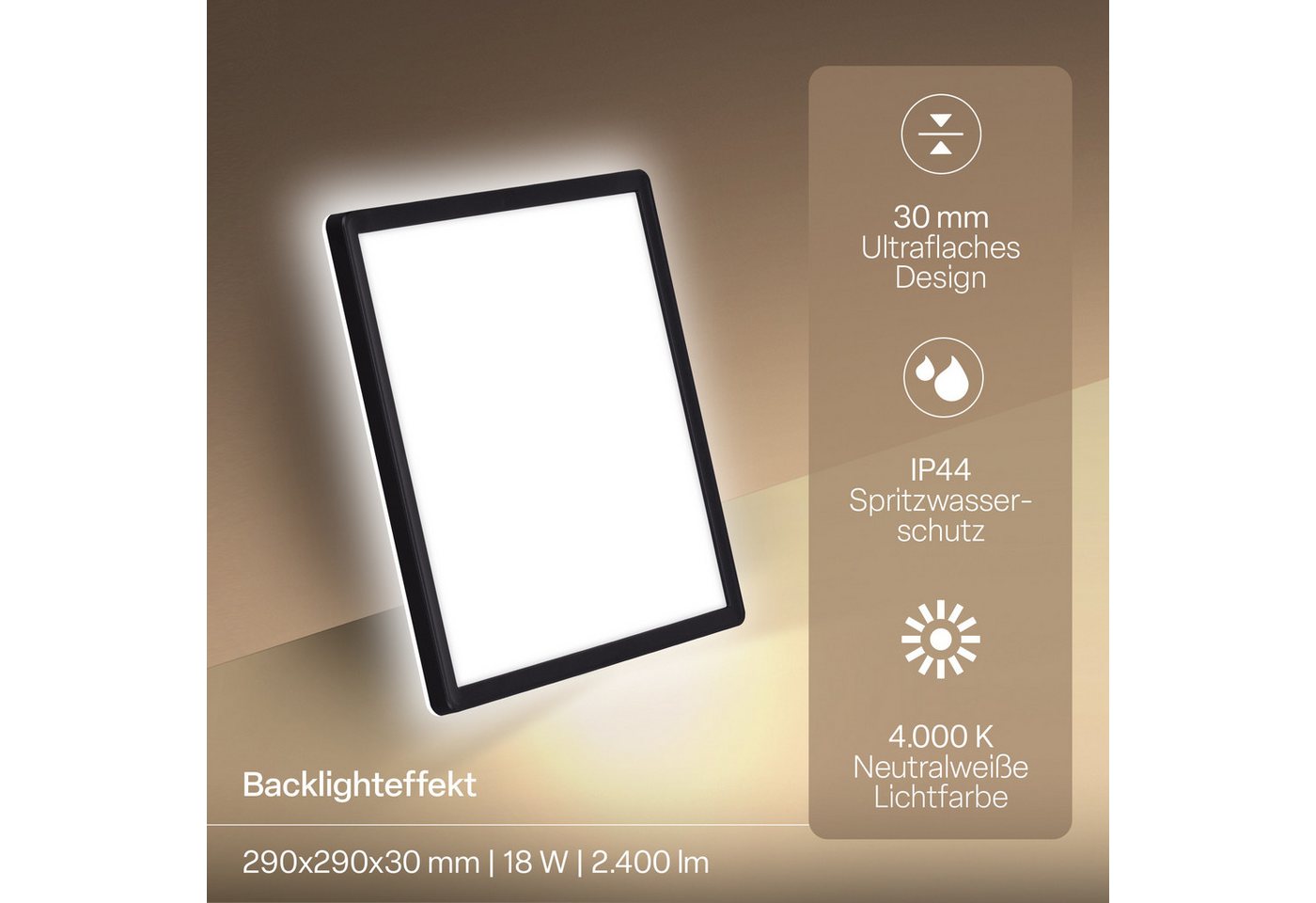 B.K.Licht LED Panel SHALLOW, LED fest integriert, Neutralweiß, 29x29x3 cm, Badlampe, Badezimmer, Küche, Wohnzimmer – Bild 4 von 5