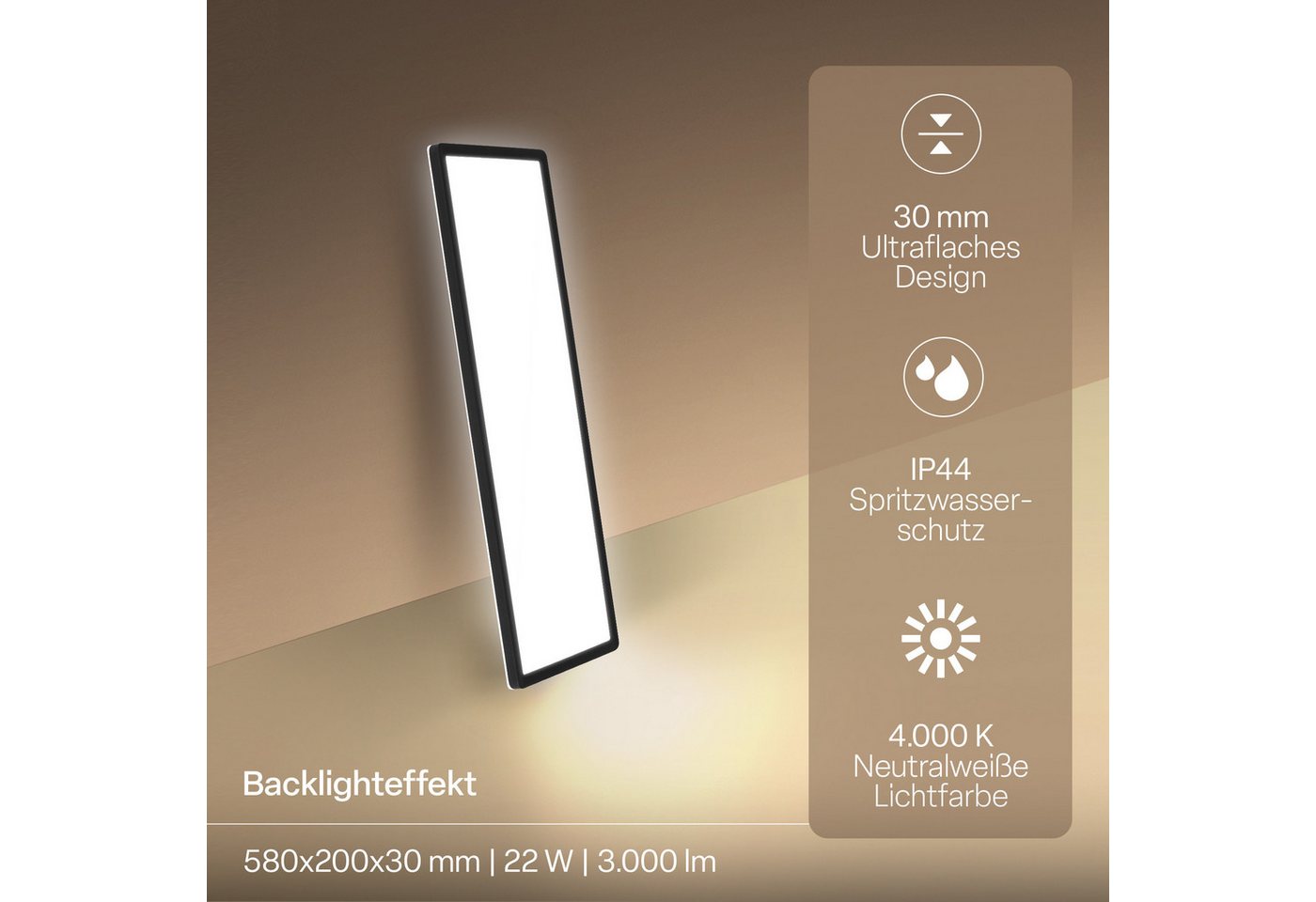 B.K.Licht LED Panel SHALLOW, LED fest integriert, Neutralweiß, 58x20x3 cm, Badlampe, Badezimmer, Küche, Wohnzimmer – Bild 4 von 5