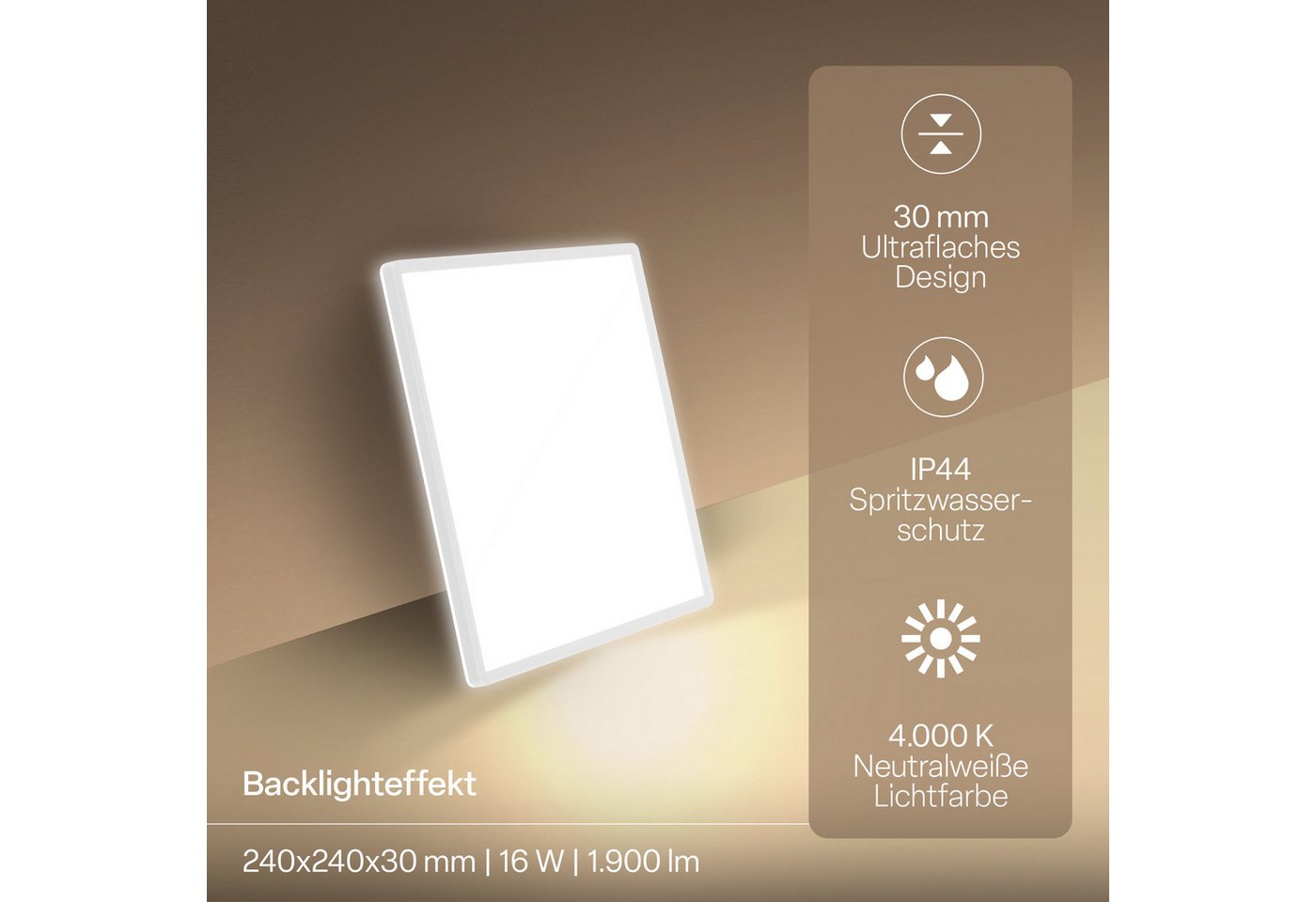 B.K.Licht LED Panel SHALLOW, LED fest integriert, Neutralweiß, 24x24x3 cm, Badlampe, Badezimmer, Küche, Wohnzimmer – Bild 4 von 5