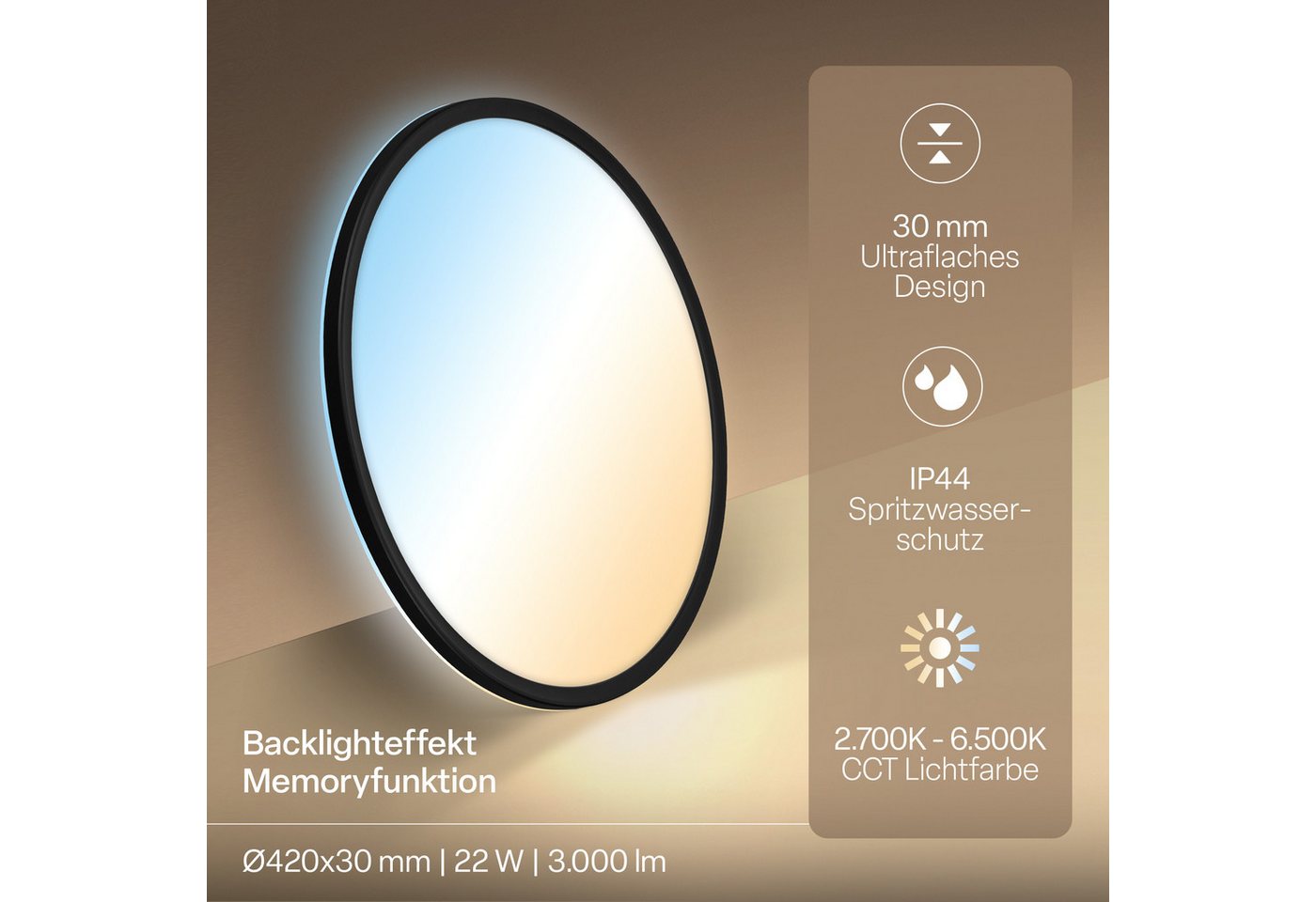 B.K.Licht LED Panel SHALLOW, CCT - über Fernbedienung, LED fest integriert, warmweiß - kaltweiß, 42x3 cm, Badlampe, Badezimmer, Küche, Wohnzimmer – Bild 5 von 5