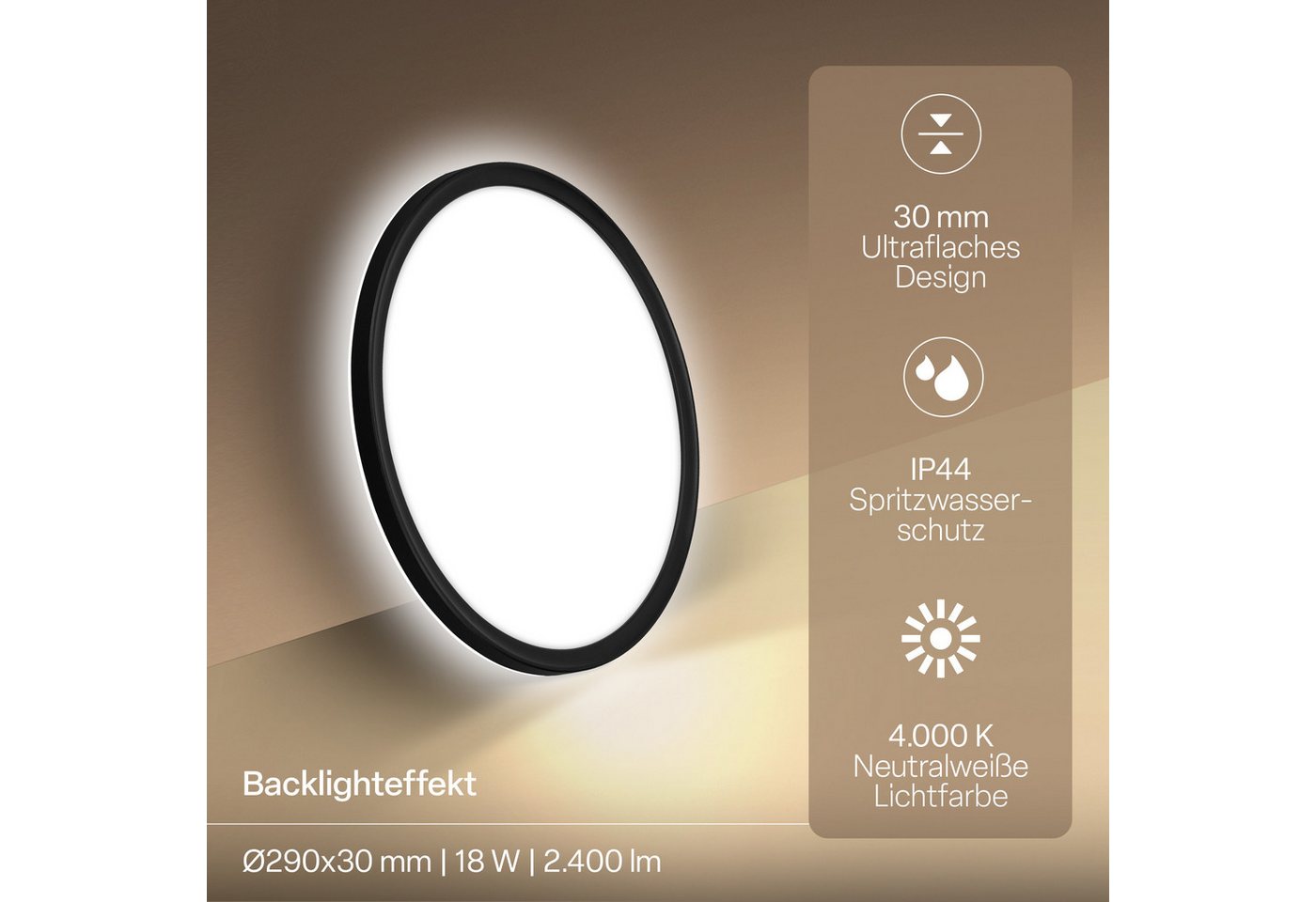 B.K.Licht LED Panel SHALLOW, LED fest integriert, Neutralweiß, 29x3 cm, Badlampe, Badezimmer, Küche, Wohnzimmer – Bild 4 von 5