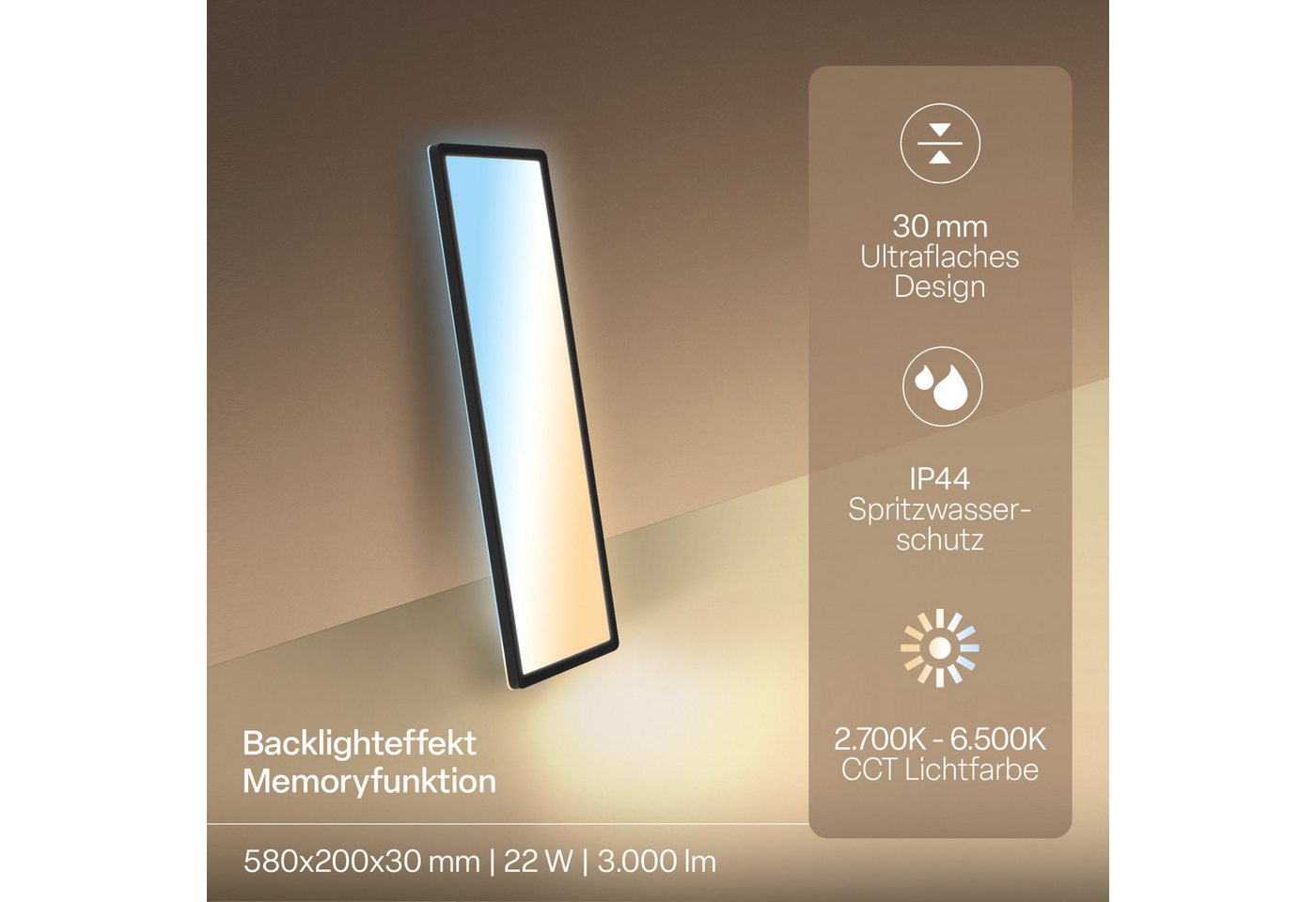 B.K.Licht LED Panel SHALLOW, LED fest integriert, Neutralweiß, 58x20x3 cm, Badlampe, Badezimmer, Küche, Wohnzimmer – Bild 5 von 5