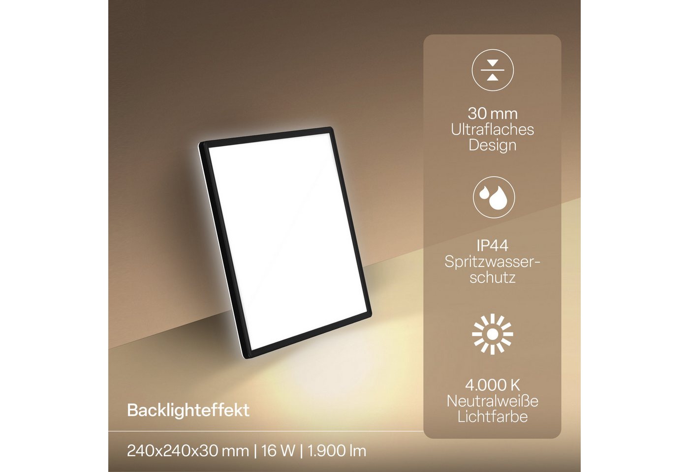B.K.Licht LED Panel SHALLOW, LED fest integriert, Neutralweiß, 24x24x3 cm, Badlampe, Badezimmer, Küche, Wohnzimmer – Bild 4 von 5