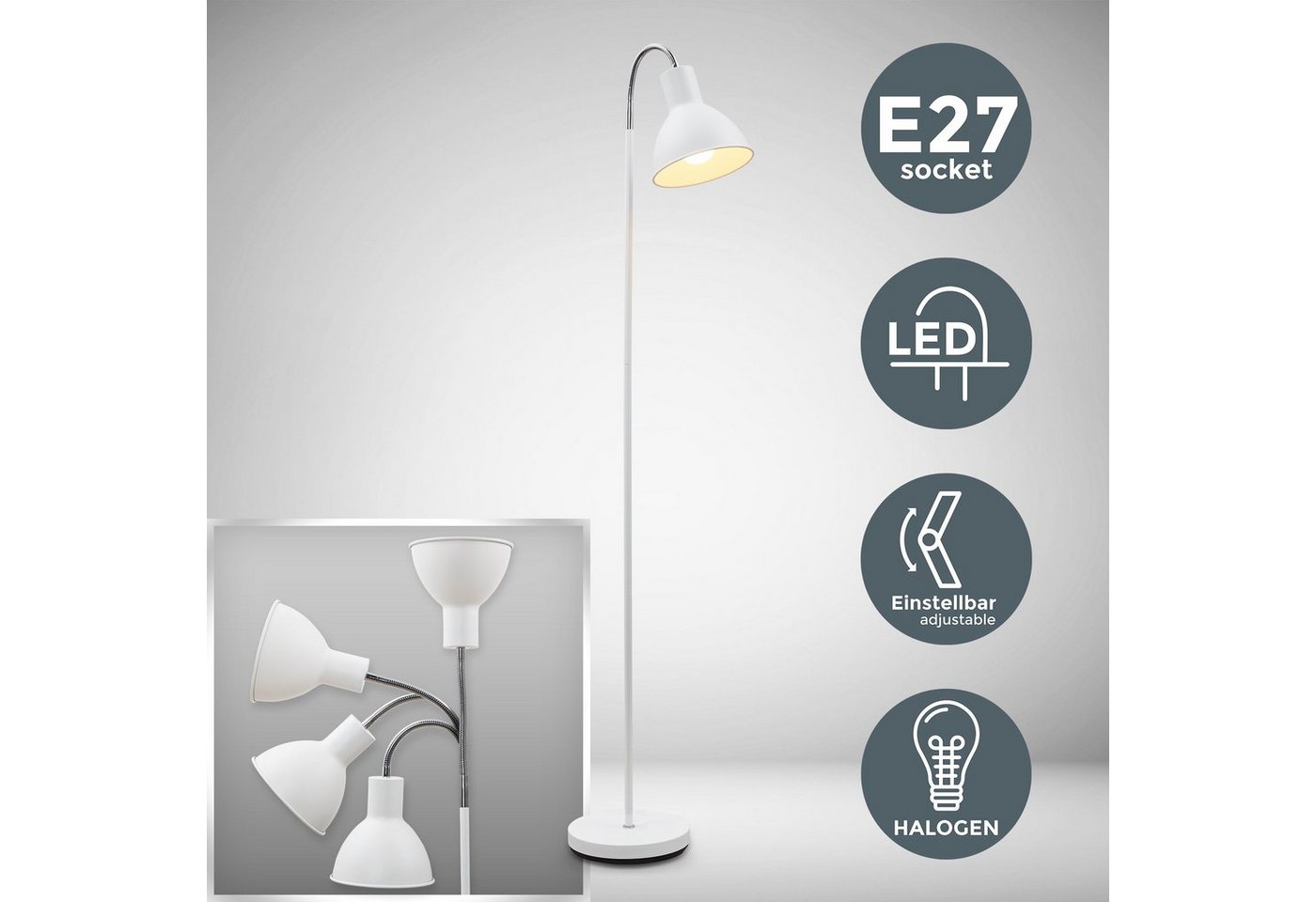 B.K.Licht LED Stehlampe, ohne Leuchtmittel, Warmweiß, Stehleuchte Industrial Design Stand-Leuchte schwenkbar Metall E27 weiß – Bild 2 von 5