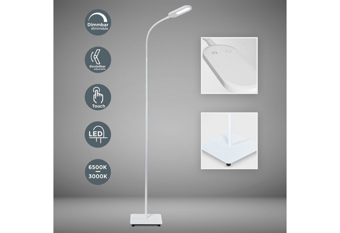 B.K.Licht LED Stehlampe, Dimmfunktion, Memoryfunktion, mehrere Helligkeitsstufen, LED fest integriert, Neutralweiß, Kaltweiß, Warmweiß, LED Stehleuchte dimmbar  – Bild 2 von 5