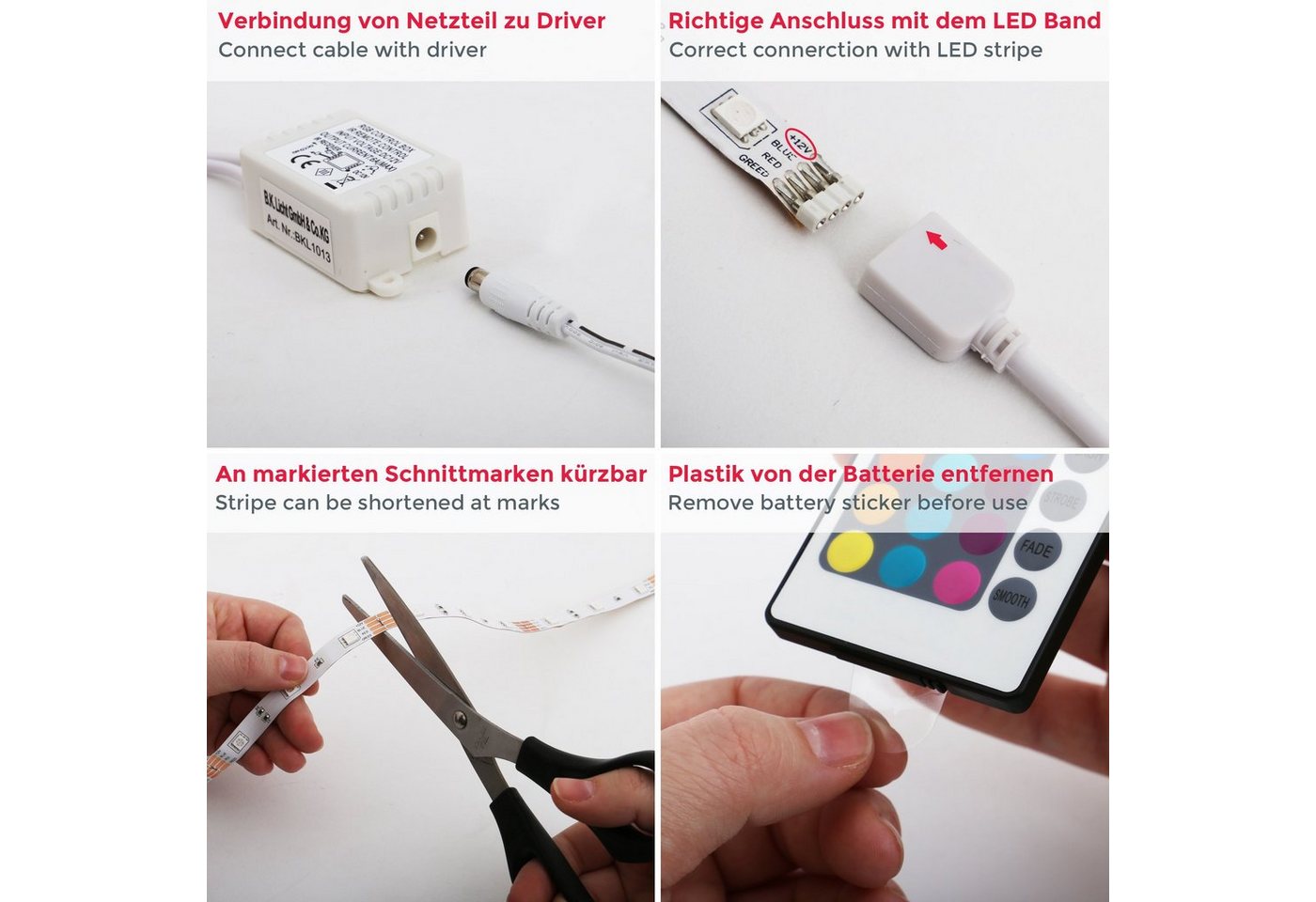 B.K.Licht LED-Streifen Lucilla, LED Band, RGB, Fernbedienung, selbstklebend, Farbwechsel, kürzbar – Bild 5 von 5