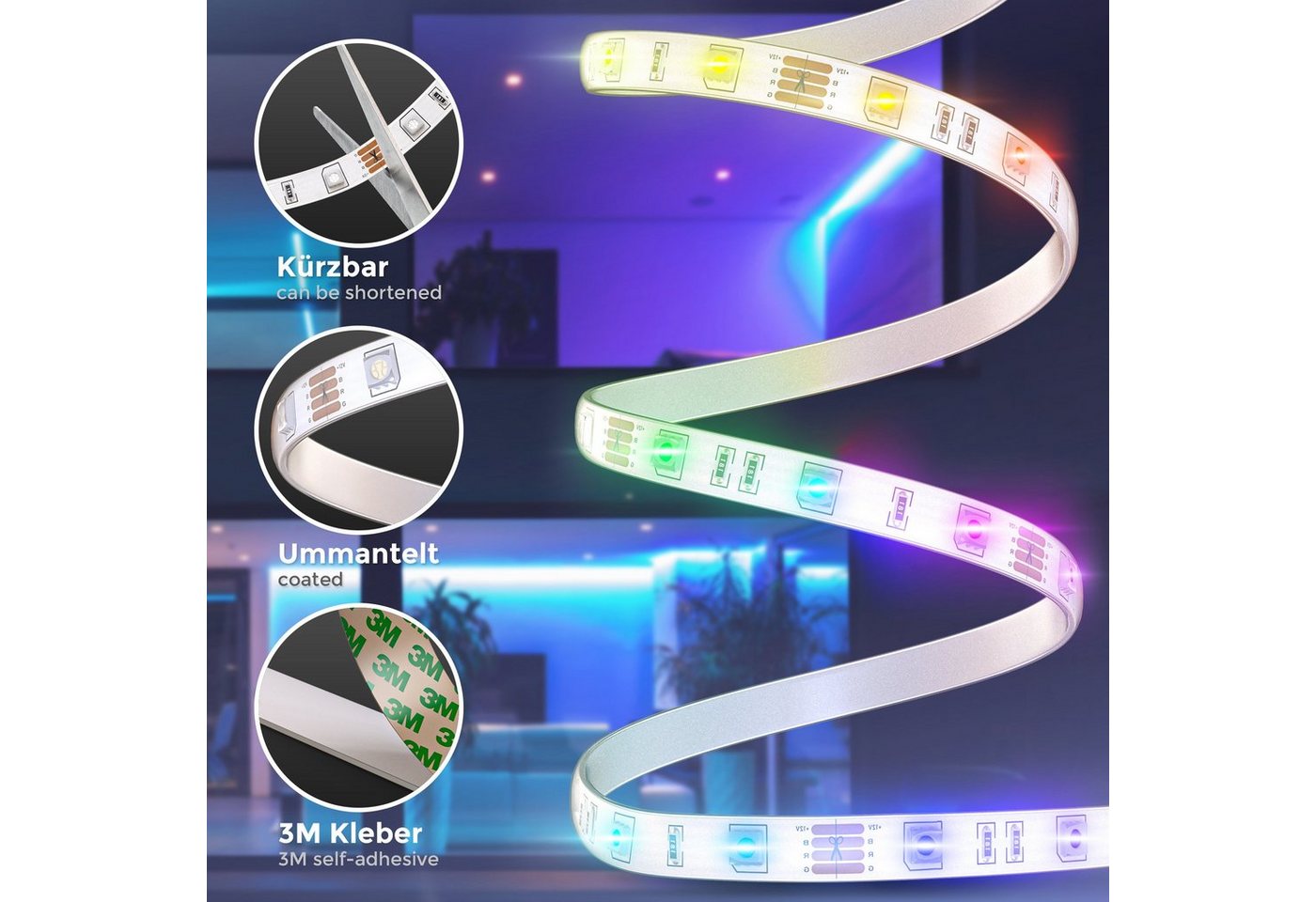 B.K.Licht LED Stripe, LED Band 3m, silikonbeschichtet, RGB, Fernbedienung, selbstklebend – Bild 3 von 5