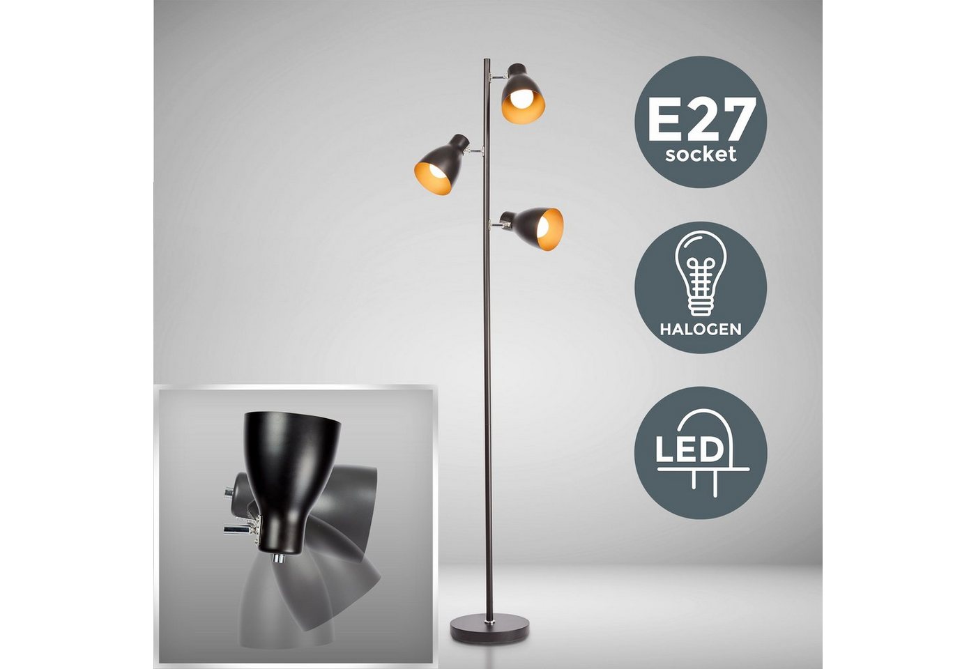 B.K.Licht Stehlampe, ohne Leuchtmittel, LED Stehleuchte Design Standleuchte Retro Vintage Metall schwarz-gold – Bild 2 von 5