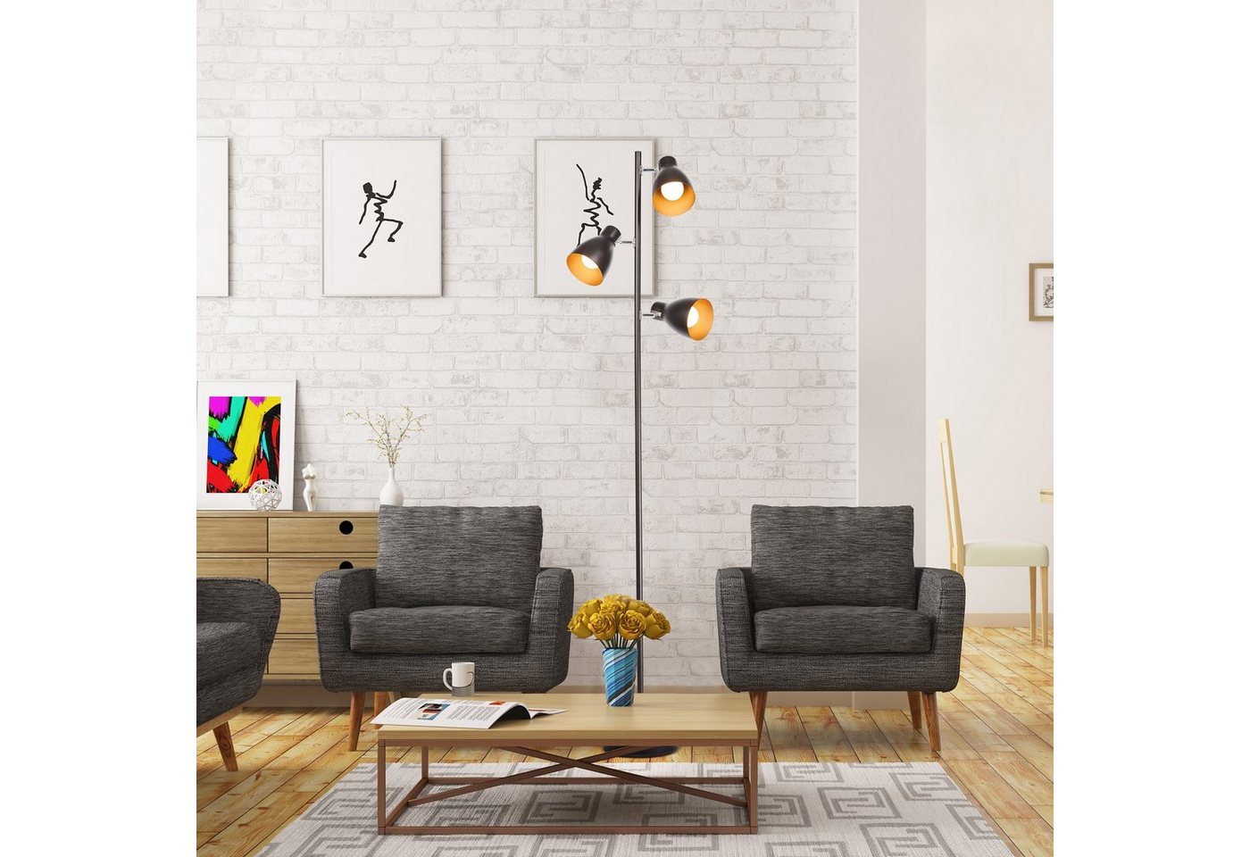 B.K.Licht Stehlampe, ohne Leuchtmittel, LED Stehleuchte Design Standleuchte Retro Vintage Metall schwarz-gold – Bild 4 von 5