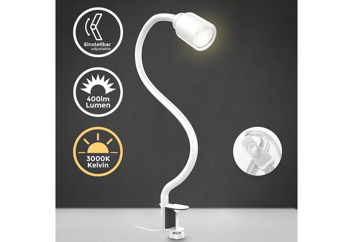 B.K.Licht Tischleuchte, LED wechselbar, Klemmleuchte, warmweiß, flexibler Schwanenhals, Kippschalter, Metall – Bild 2 von 5