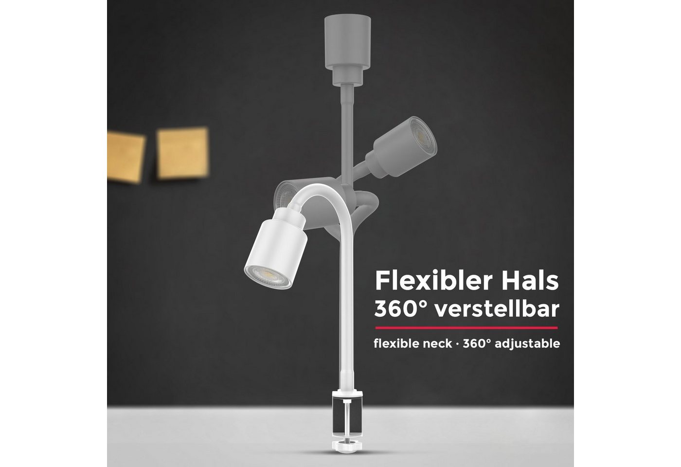 B.K.Licht Tischleuchte, LED wechselbar, Klemmleuchte, warmweiß, flexibler Schwanenhals, Kippschalter, Metall – Bild 3 von 5