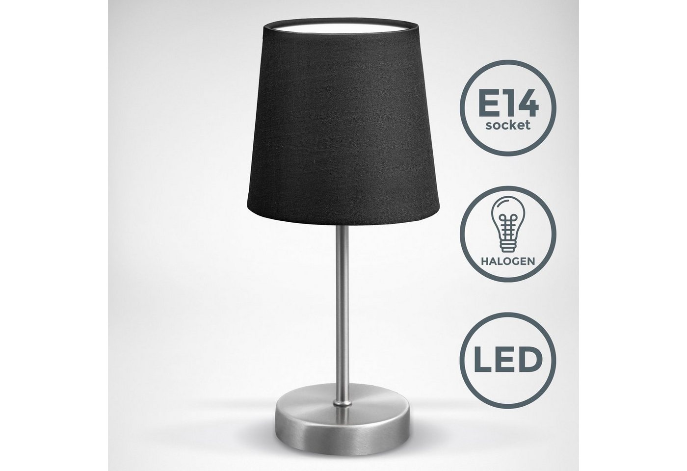 B.K.Licht Tischleuchte, ohne Leuchtmittel, LED Nachttischlampe mit Schalter E14 IP20 Stoff taupe matt-nickel – Bild 2 von 5