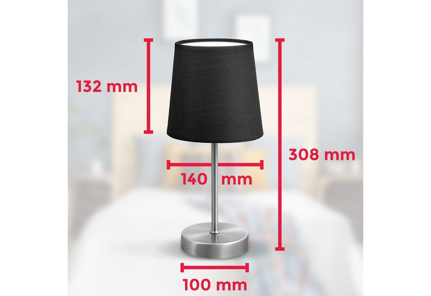 B.K.Licht Tischleuchte, ohne Leuchtmittel, LED Nachttischlampe mit Schalter E14 IP20 Stoff taupe matt-nickel – Bild 4 von 5