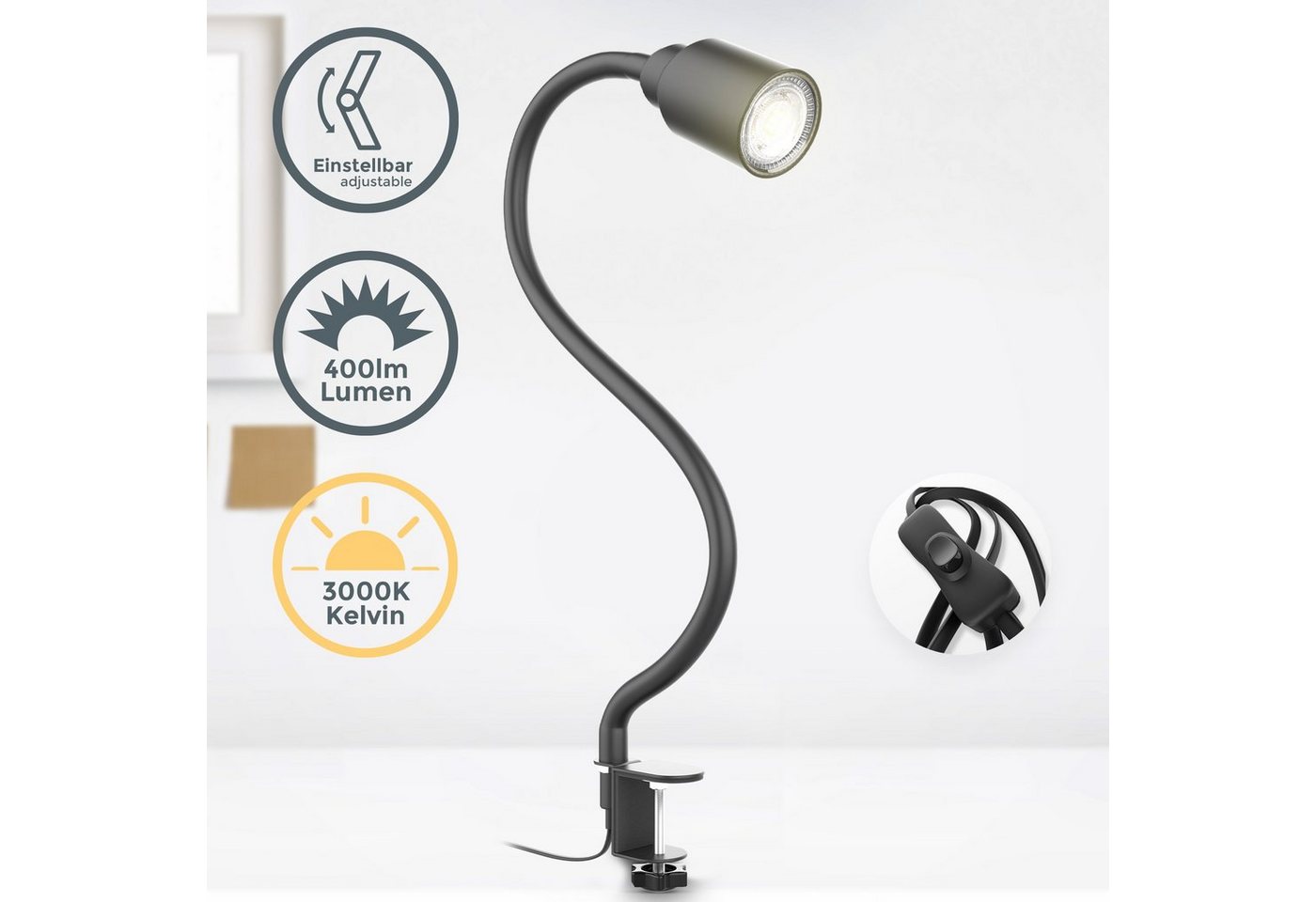 B.K.Licht Tischleuchte, LED wechselbar, Klemmleuchte, warmweiß, flexibler Schwanenhals, Kippschalter, Metall – Bild 2 von 5