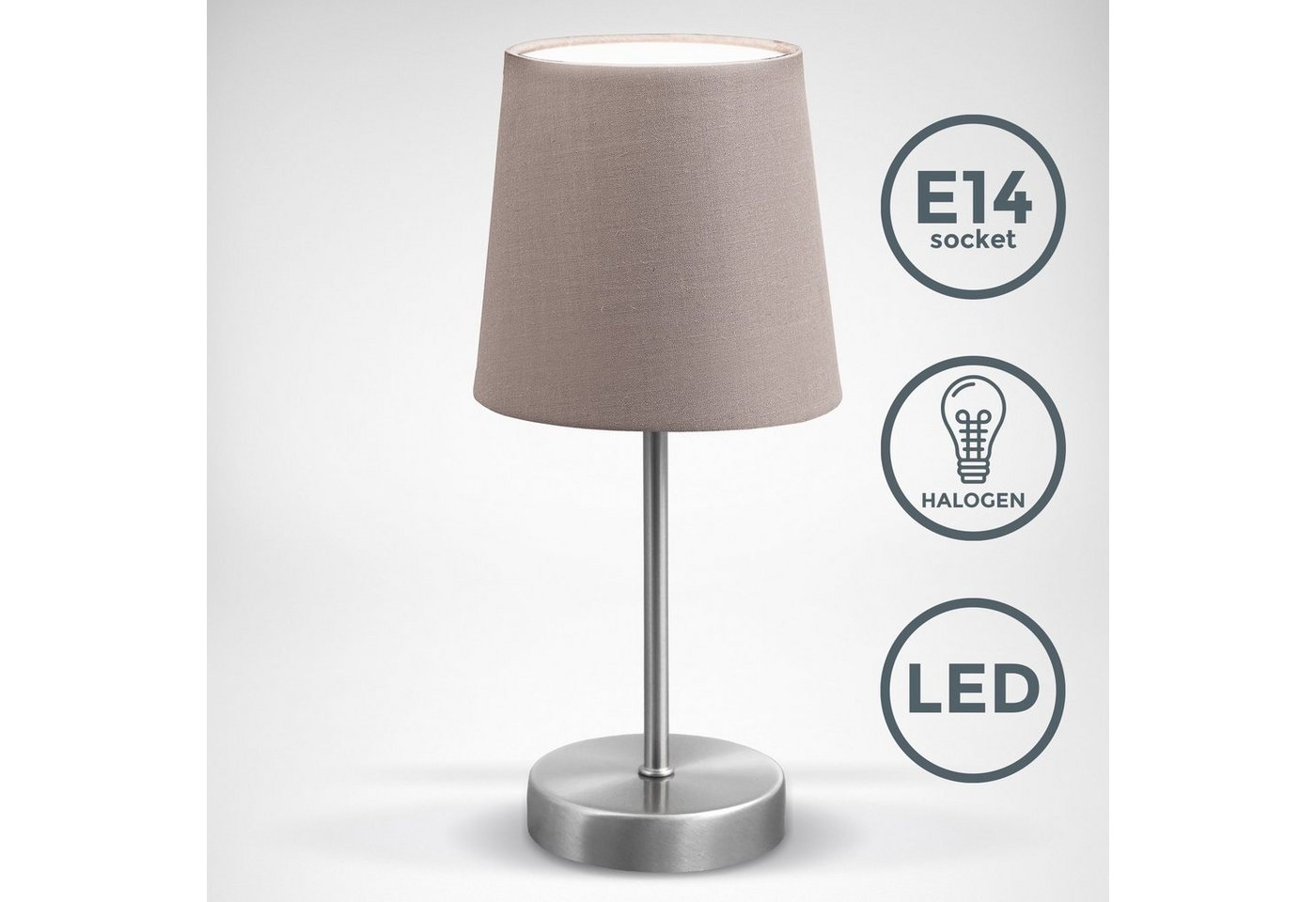 B.K.Licht Tischleuchte, ohne Leuchtmittel, LED Nachttischlampe mit Schalter E14 IP20 Stoff taupe matt-nickel – Bild 2 von 5