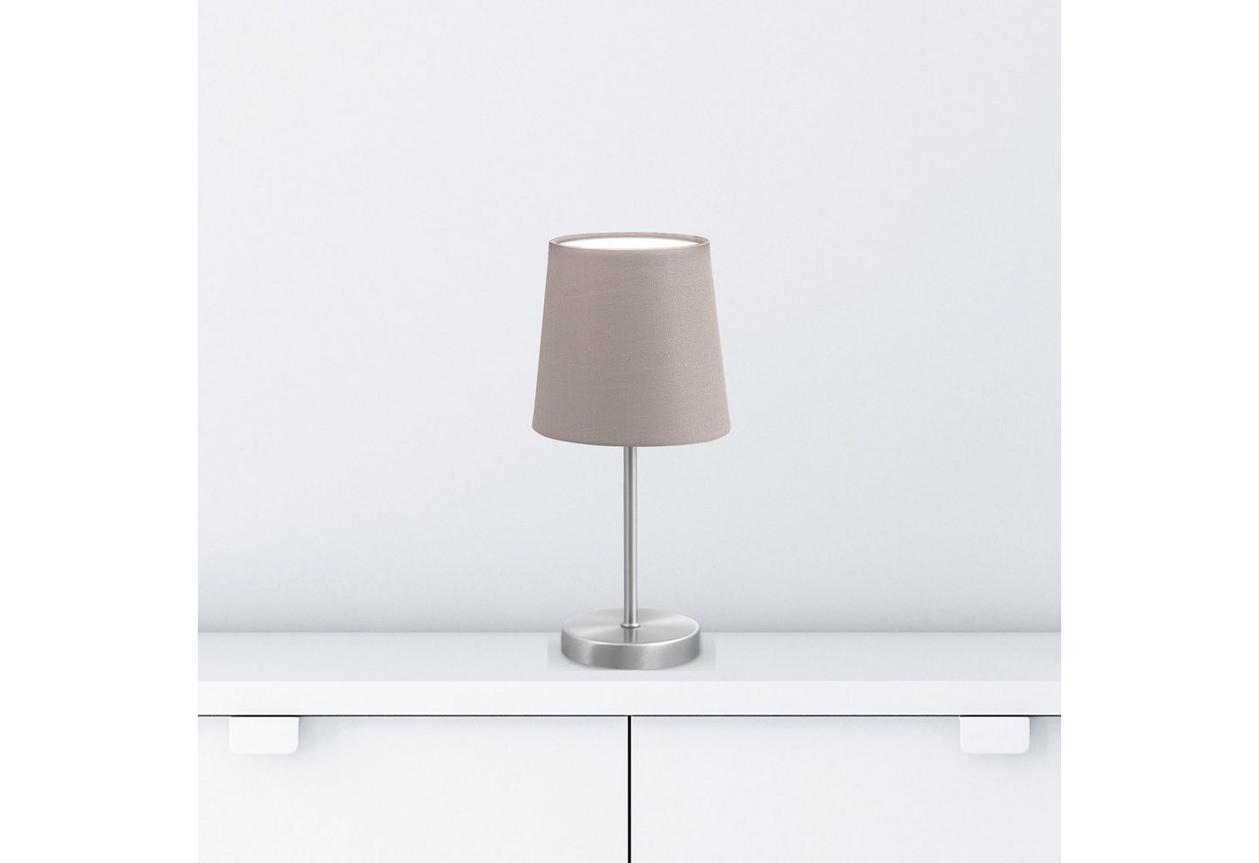 B.K.Licht Tischleuchte, ohne Leuchtmittel, LED Nachttischlampe mit Schalter E14 IP20 Stoff taupe matt-nickel – Bild 3 von 5