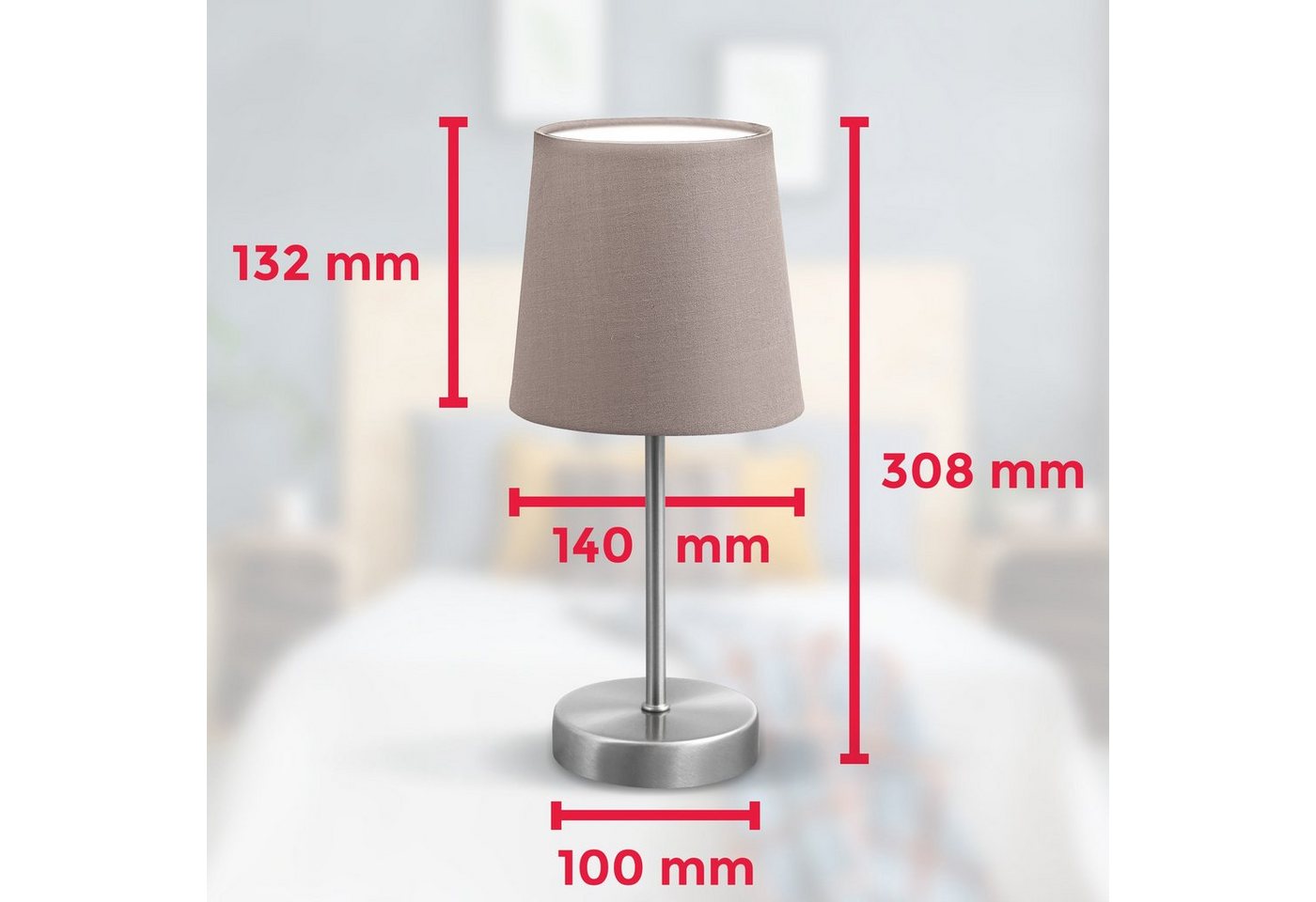 B.K.Licht Tischleuchte, ohne Leuchtmittel, LED Nachttischlampe mit Schalter E14 IP20 Stoff taupe matt-nickel – Bild 4 von 5
